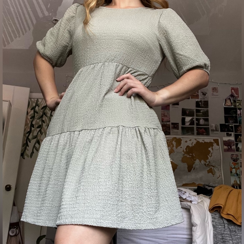 Sage Ruffled Puff-Sleeve Dress